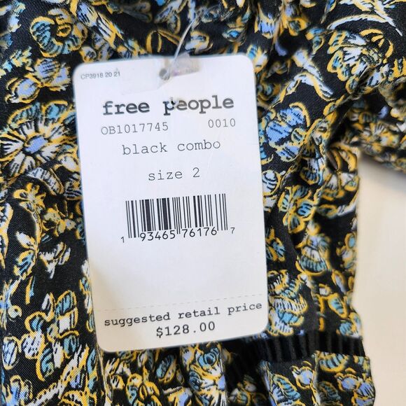 Free People Black Floral Mini Dress Long Sleeve Ruffle Boho NWT $128 Size 2 - Picture 8 of 15